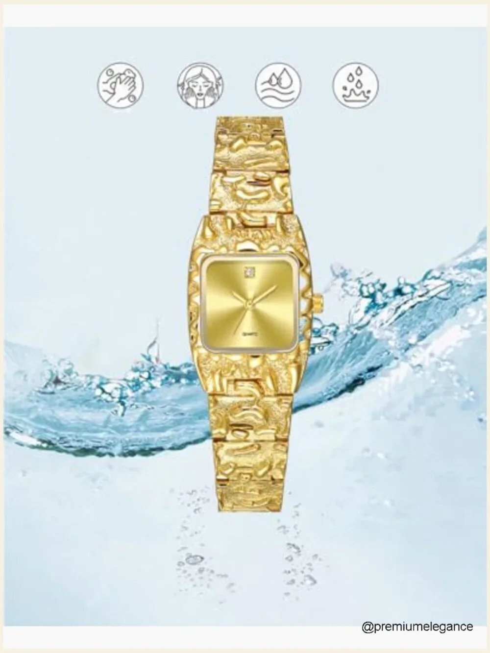 Vintage Square Quartz Dress Wristwatch Textured Alloy Band Gold Tone
